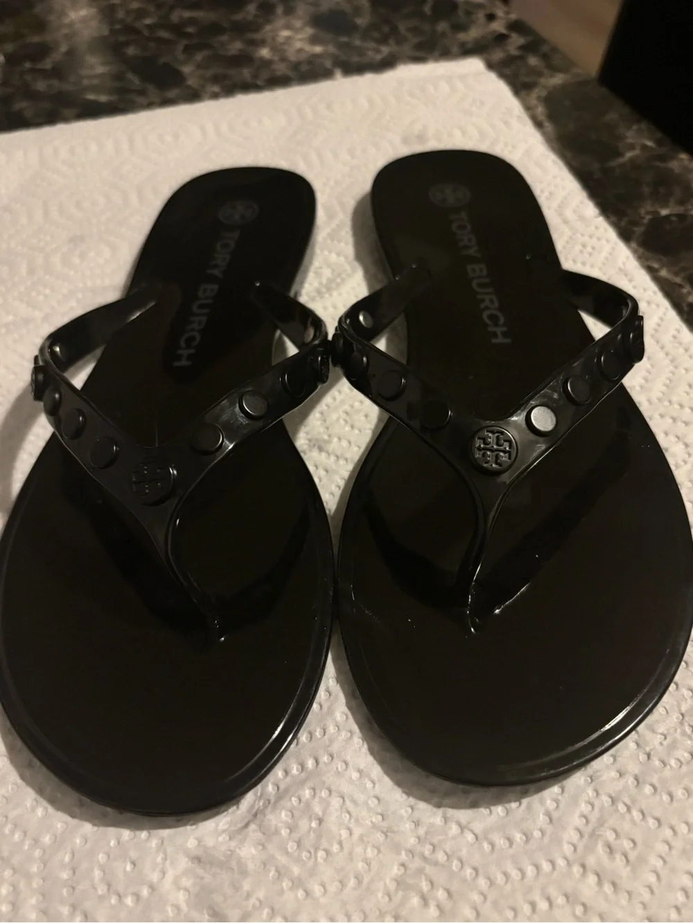Tory Burch Black Jelly Logo Stud Thong Sandals